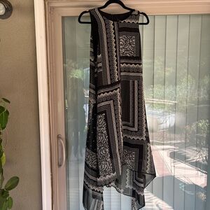 Karen Kane Handkerchief Maxi Dress L Black Paisley Floral Sheer Asemetrical